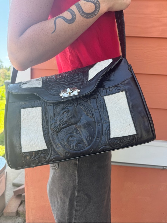 Source Unknown Handbags - Vintage Mexico Black Tooled Leather Cowhide Western Shoulder Bag